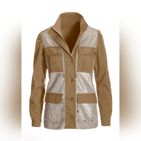 97% Cotton Boston Proper Sequin Embellished Women's Military Jacket Size Small - Picture 14 of 16